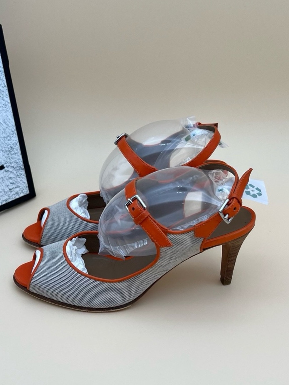 🚩steal Hermes Orange-Trim Beige Canvas Peep-Toe Slingback Heels